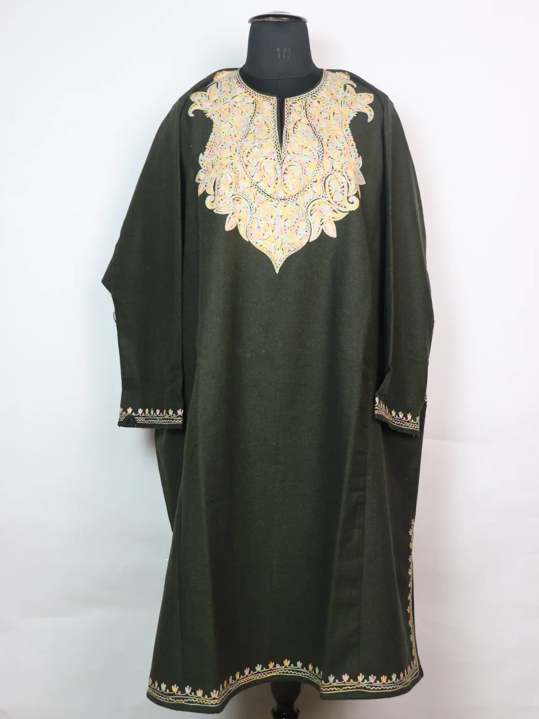 Rabia Kashmiri Pheran In Tweed Wool With Aari Embroidery | Olive Green