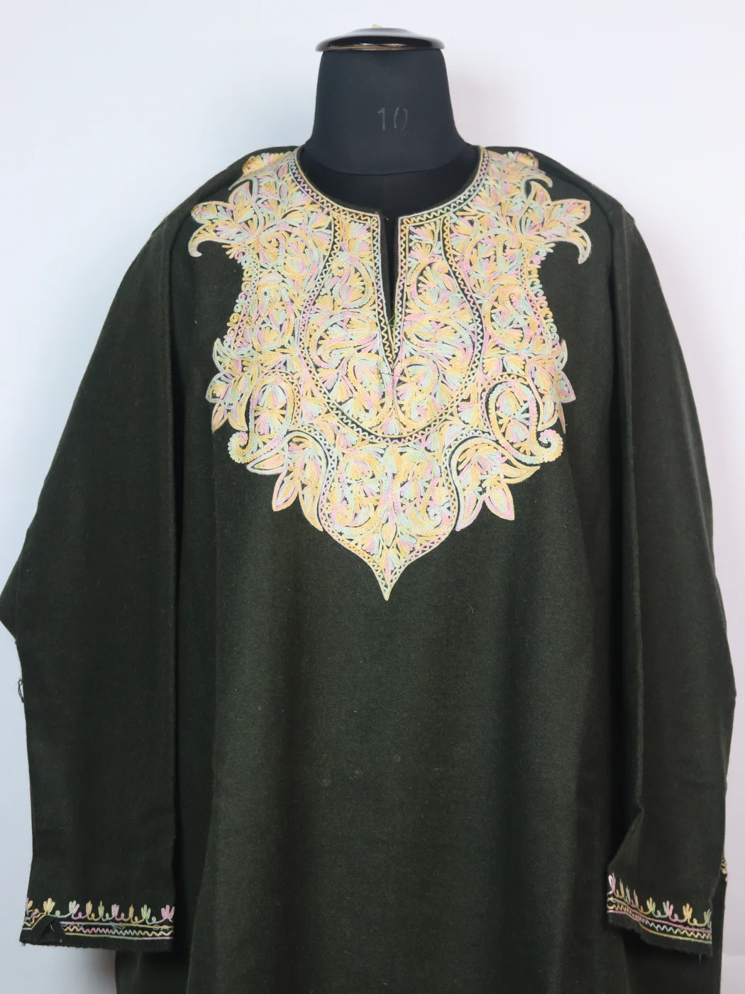 Rabia Kashmiri Pheran In Tweed Wool With Aari Embroidery | Olive Green - Image 2