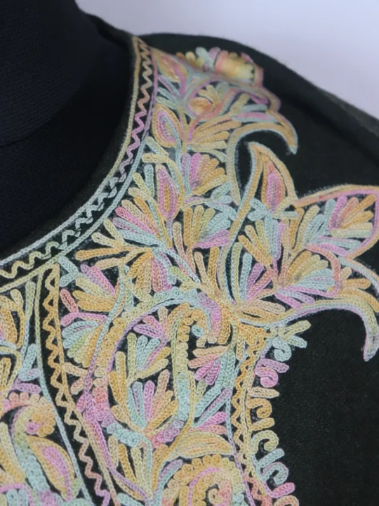Rabia Kashmiri Pheran In Tweed Wool With Aari Embroidery | Olive Green - Image 3