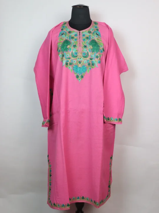 Kashmiri Pheran In Pink  Raffal Wool With Aari Embroidery | Mubashira