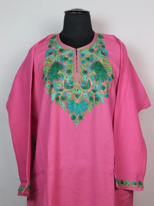 Kashmiri Pheran In Pink Raffal Wool With Aari Embroidery | Mubashira - Image 2