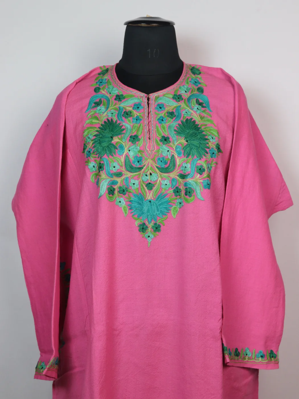 Kashmiri Pheran In Pink Raffal Wool With Aari Embroidery | Mubashira - Image 2