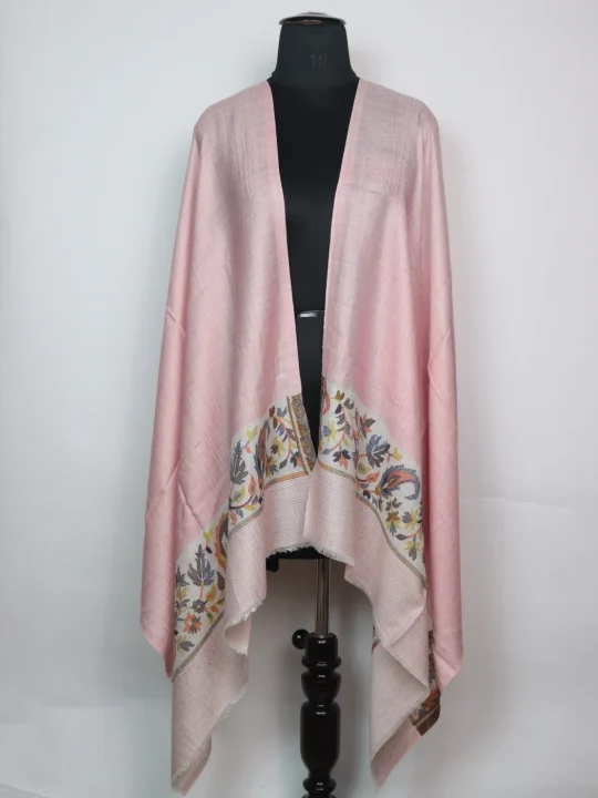 Saba Kashmiri Stole In Fine Wool With Palla Kani Work | Blush Pink