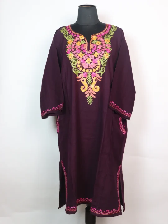 Kashmiri Pheran Sana In Cashmilon wool With Aari Embroidery | Plum