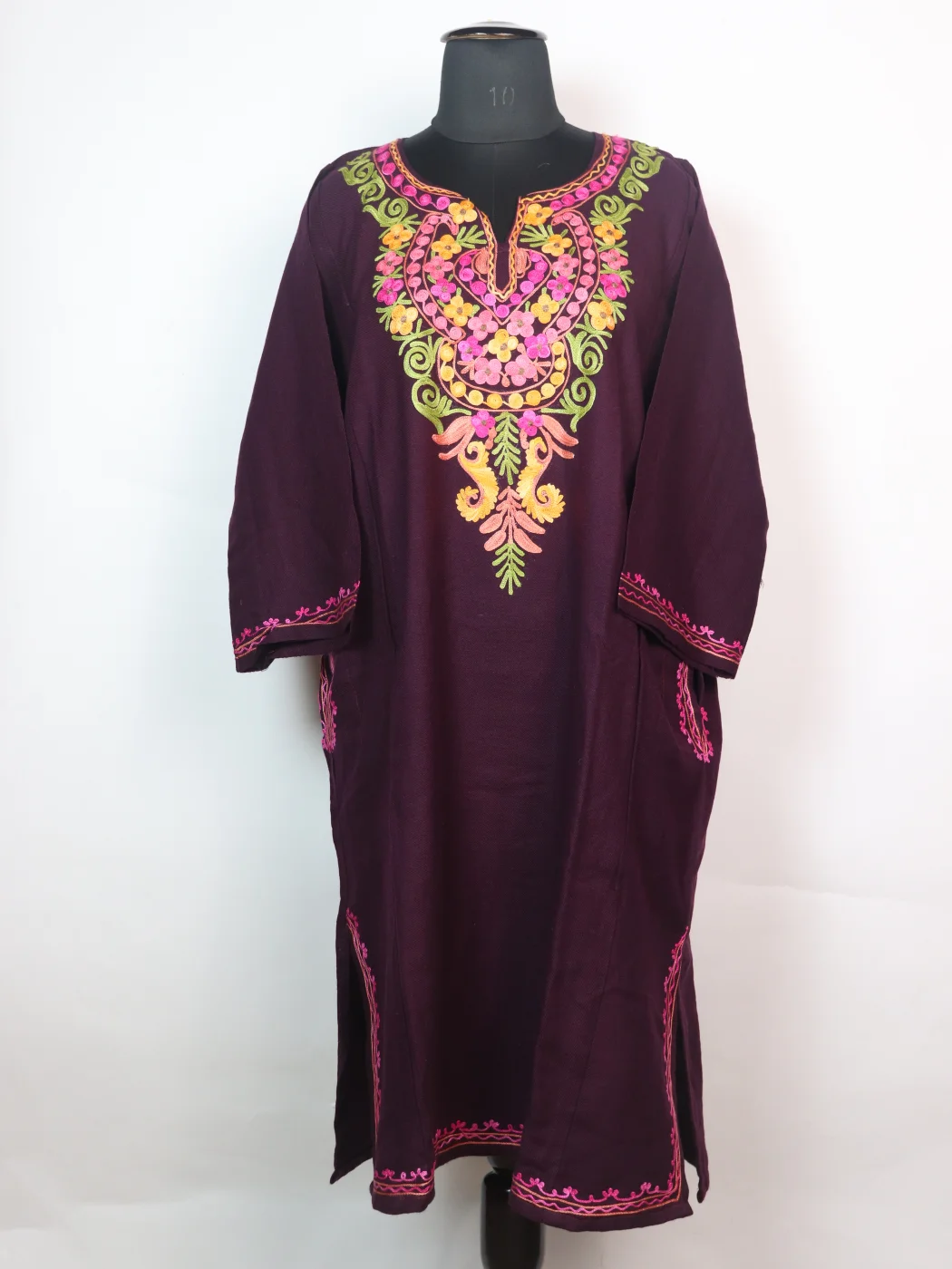 Kashmiri Pheran Sana In Cashmilon wool With Aari Embroidery | Plum