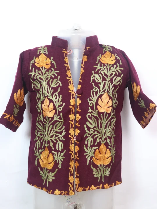 Nusrat Kashmiri Kids Coat Maroon In Cashmilon Wool With Aari And Jama Work (L16)