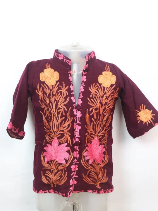 Mishal Kashmiri Kids Coat Maroon In Cashmilon Wool With Aari And Jama Work (L17)
