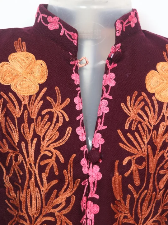 Mishal Kashmiri Kids Coat Maroon In Cashmilon Wool With Aari And Jama Work (L17) - Image 2