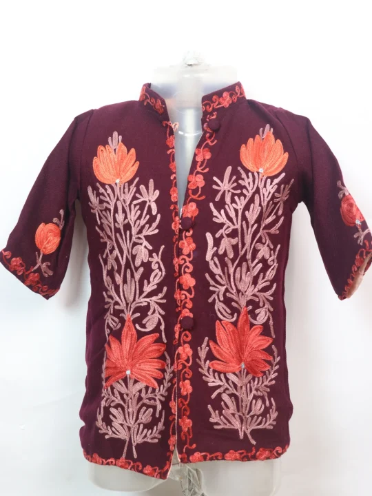 Tabeer Kashmiri Kids Coat Maroon In Cashmilon Wool With Aari And Jama Work (L18)