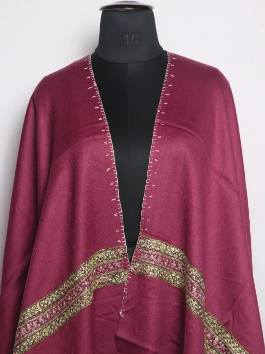 Kashmiri Stole In Polywool With Hand Sozni And Tilla Work | Purple | Ayesha - Image 2