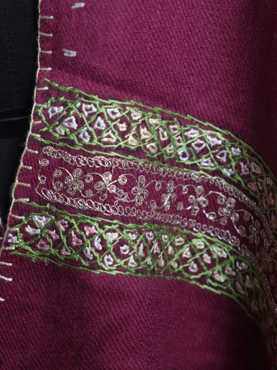 Kashmiri Stole In Polywool With Hand Sozni And Tilla Work | Purple | Ayesha - Image 3