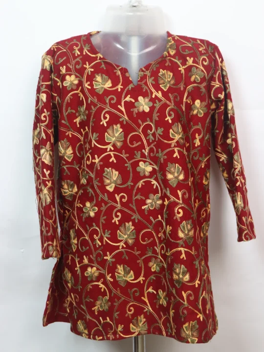 Lubna Kashmiri Kurti For Girls In Red Cashmilon Wool With Aari Work (2–3 Yrs)