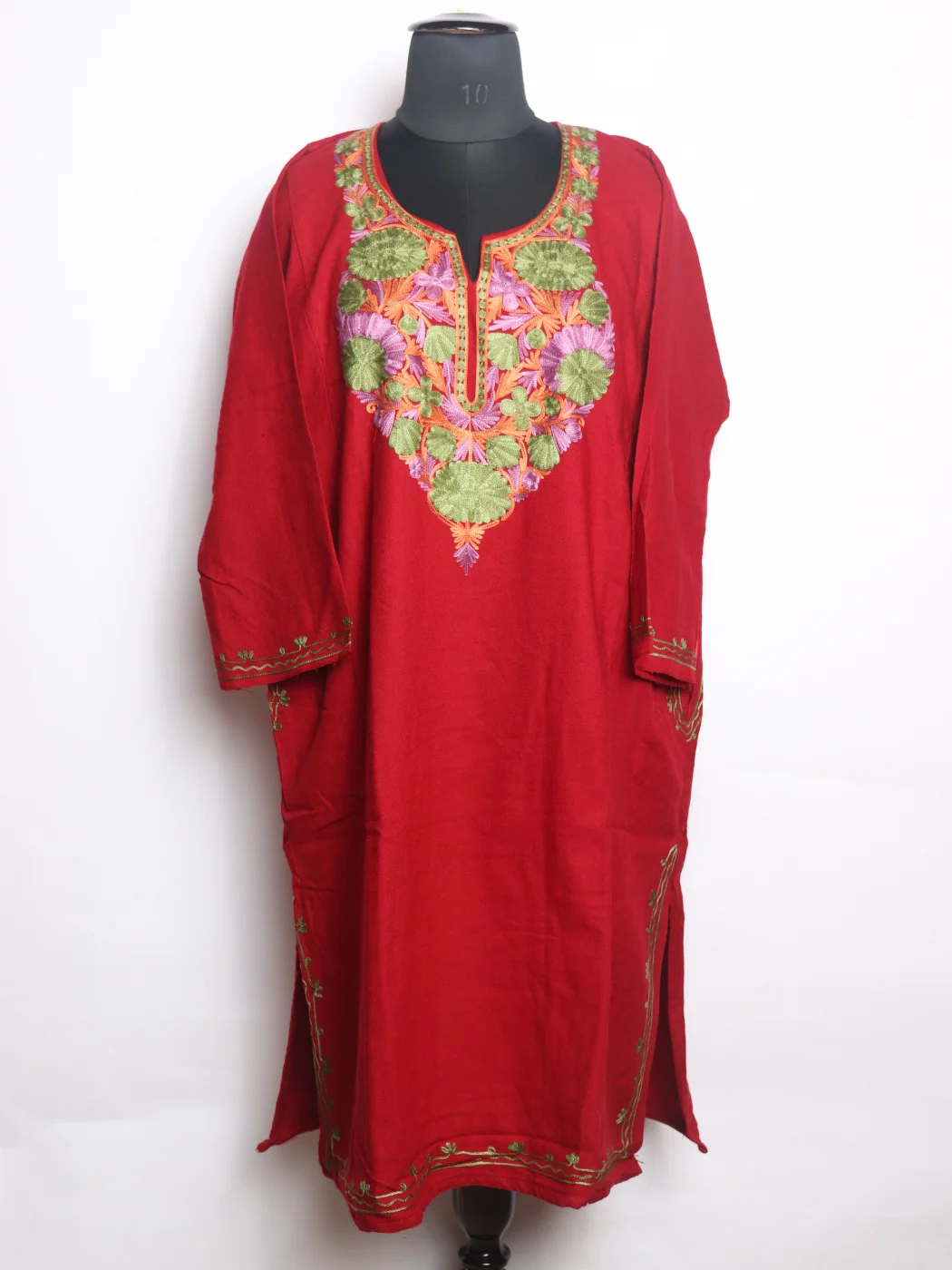 Red Kashmiri Pheran In Cashmilon wool With Aari Embroidery | Siyam