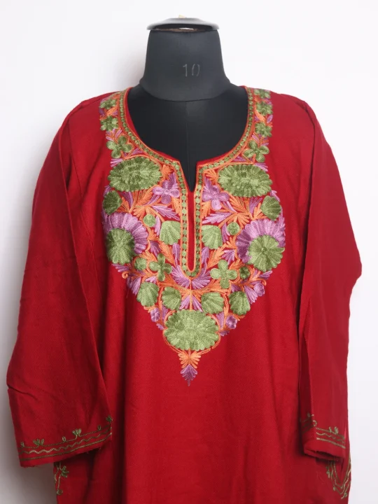 Red Kashmiri Pheran In Cashmilon wool With Aari Embroidery | Siyam - Image 2