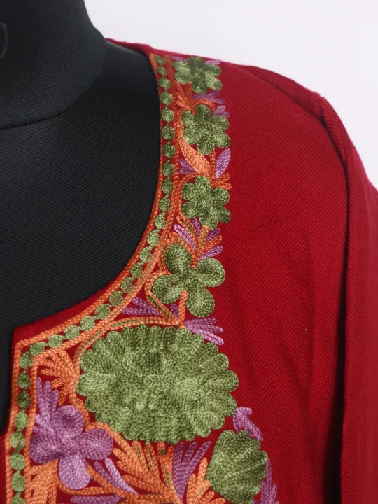 Red Kashmiri Pheran In Cashmilon wool With Aari Embroidery | Siyam - Image 3