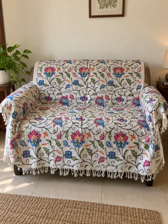 Iffat Kashmiri Sofa Throw In Hand Crewel Embroidery