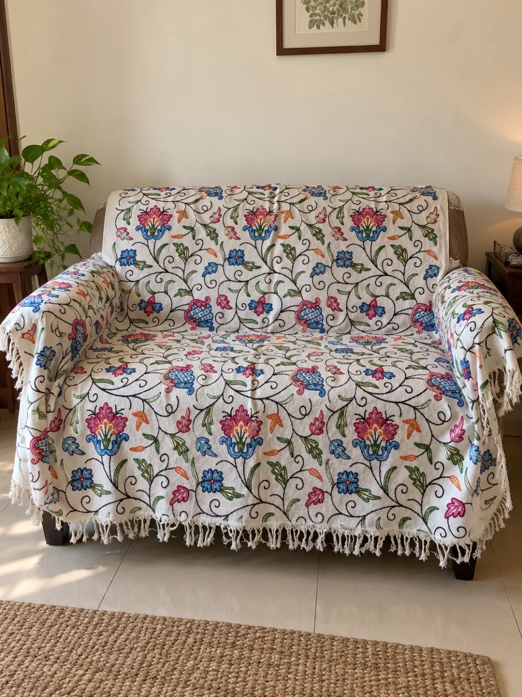 Iffat Kashmiri Sofa Throw In Hand Crewel Embroidery