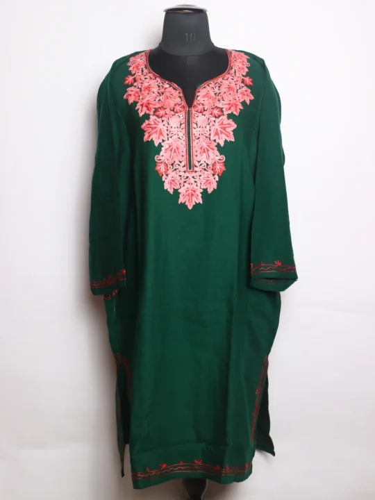 Green Kashmiri Pheran In Cashmilon wool With Aari Embroidery | Siyam