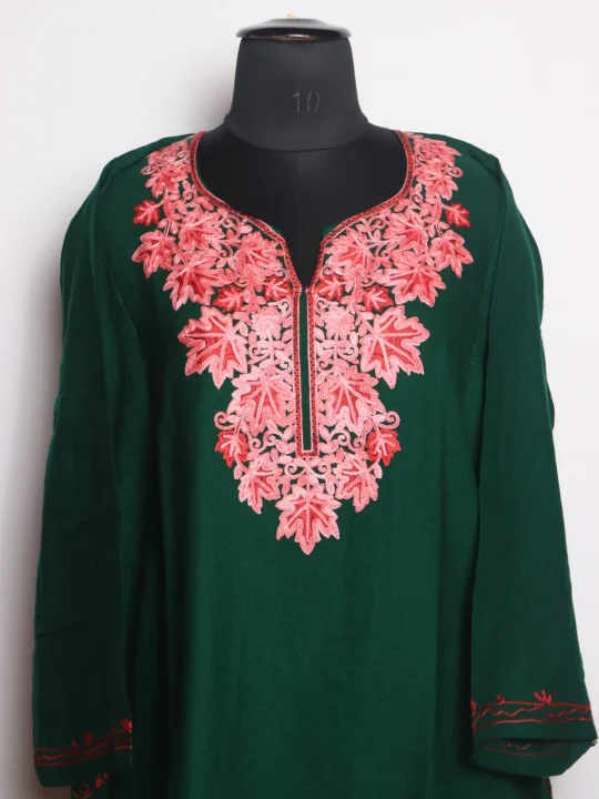 Green Kashmiri Pheran In Cashmilon wool With Aari Embroidery | Siyam - Image 2