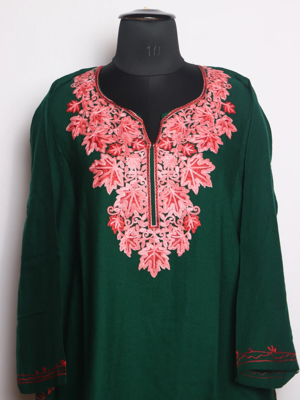 Green Kashmiri Pheran In Cashmilon wool With Aari Embroidery | Siyam - Image 2