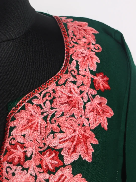 Green Kashmiri Pheran In Cashmilon wool With Aari Embroidery | Siyam - Image 3