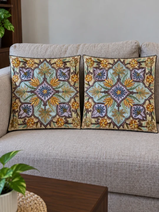 Saira Kashmiri Cushion Covers With Hand Chain-Stitch Work | Set of 2 | 16*16 Inches (Copy)