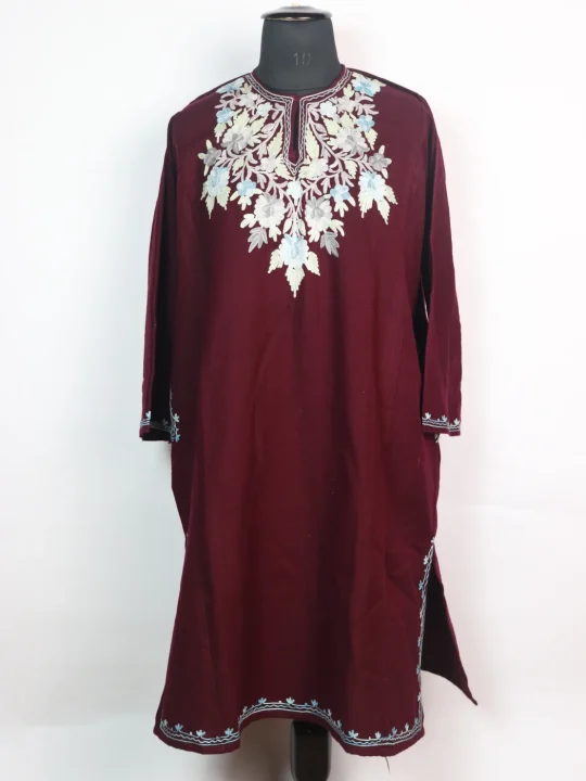 Kashmiri Pheran In Maroon Cashmilon wool With Aari Embroidery | Iram