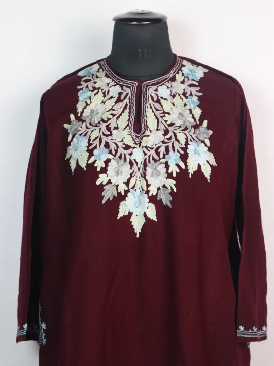 Kashmiri Pheran In Maroon Cashmilon wool With Aari Embroidery | Iram - Image 2