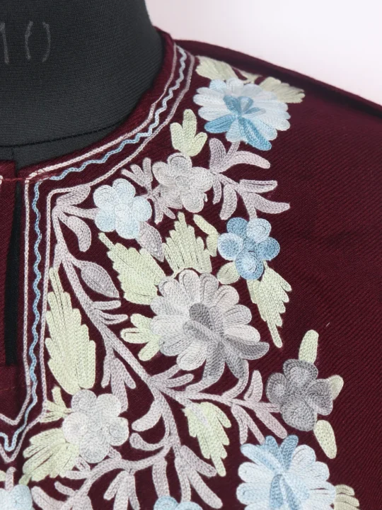 Kashmiri Pheran In Maroon Cashmilon wool With Aari Embroidery | Iram - Image 3