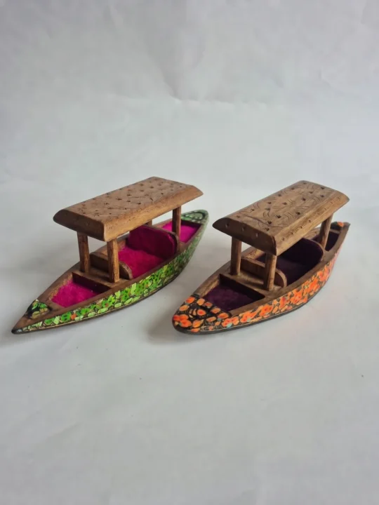Kashmiri Hand Carved Walnut Wooden Shikara boat For Decor | Set of 2