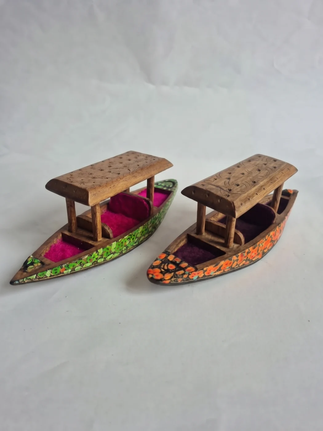 Kashmiri Hand Carved Walnut Wooden Shikara boat For Decor | Set of 2