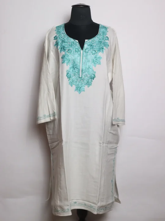 Siyam Kashmiri Pheran In Cashmilon wool With Aari Embroidery | White