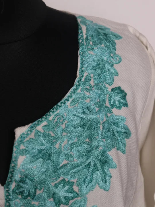 Siyam Kashmiri Pheran In Cashmilon wool With Aari Embroidery | White - Image 3