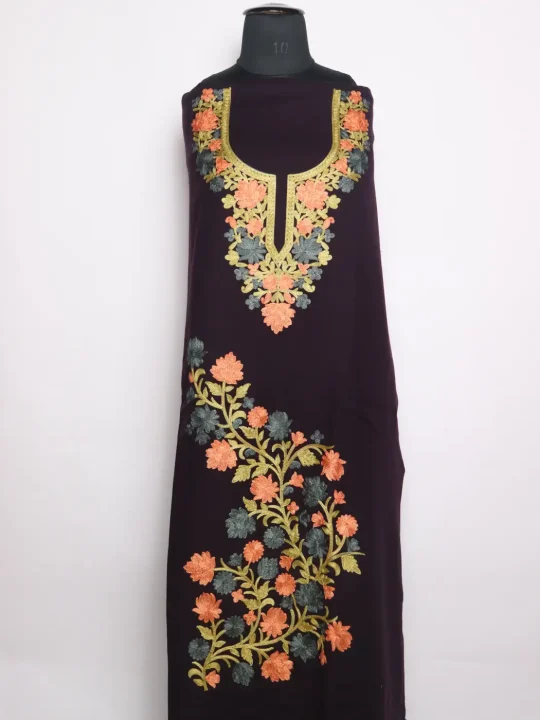 Kashmiri Woolen Suit With Aari Embroidery In Wine Cashmilon 2Pc | Noor