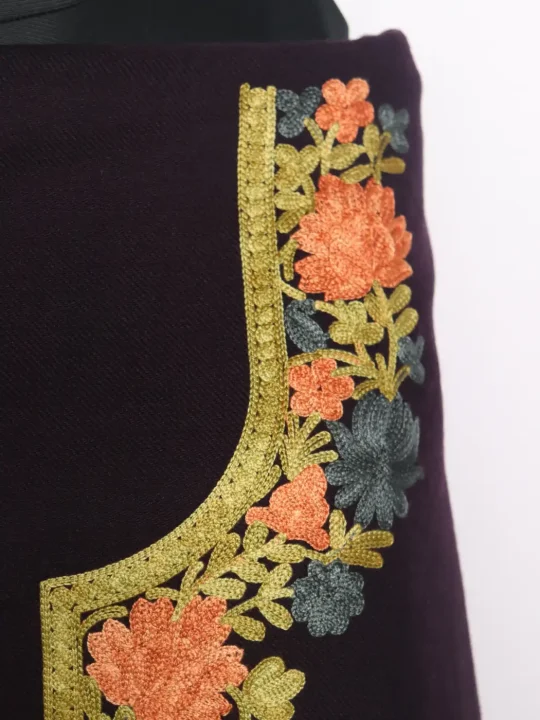 Kashmiri Woolen Suit With Aari Embroidery In Wine Cashmilon 2Pc | Noor - Image 3