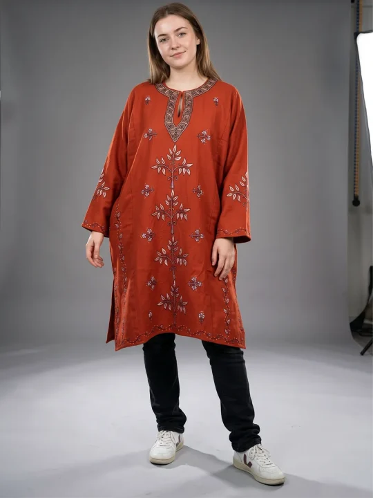 Kashmiri Pheran In Raffal Wool With Hand Sozni Paper Machie Style Work | Rust