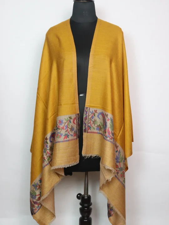Mustard Kashmiri Stole In Fine Wool With Palla Kani Work | Mirha