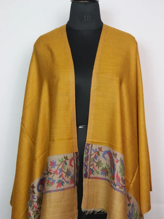 Mustard Kashmiri Stole In Fine Wool With Palla Kani Work | Mirha - Image 2