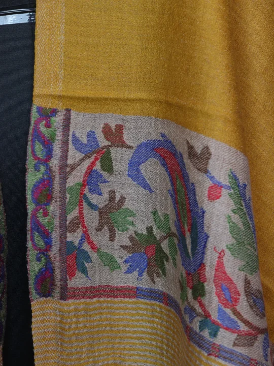 Mustard Kashmiri Stole In Fine Wool With Palla Kani Work | Mirha - Image 3